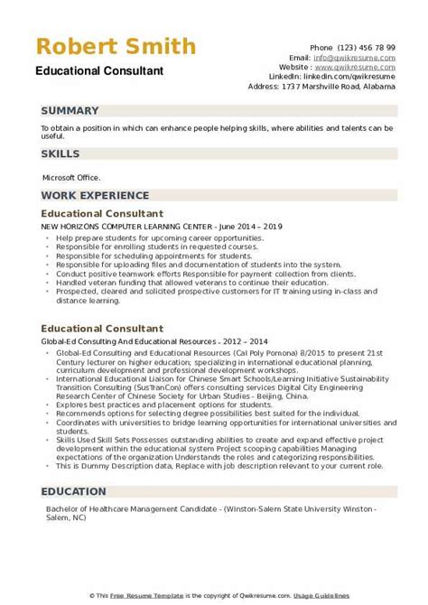 Educational Consultant Resume Samples Qwikresume