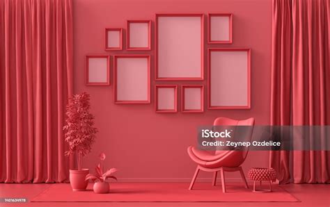 Flat Dark Red Room Gallery Wall Template With 9 Frames Stock Photo