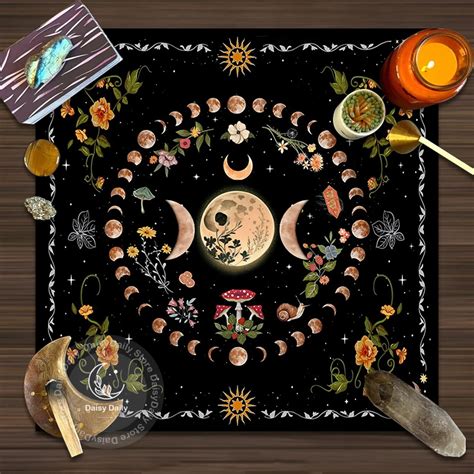 Moon Flower Pendulum Divination Altar Botanical Floral Sun Tablecloth Board Game Tarot Pad Runes