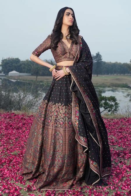 Buy Black Vegan Silk Woven Floral Deep V Neck The Ruya Lehenga Set For