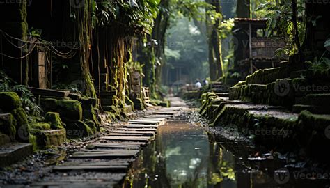 AI generated Tranquil scene of old ruin in tropical rainforest