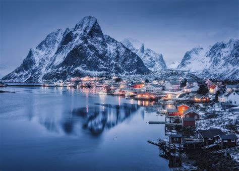 Reine at Night, Lofoten Islands, Norway. Winter Stock Photo - Image of ...