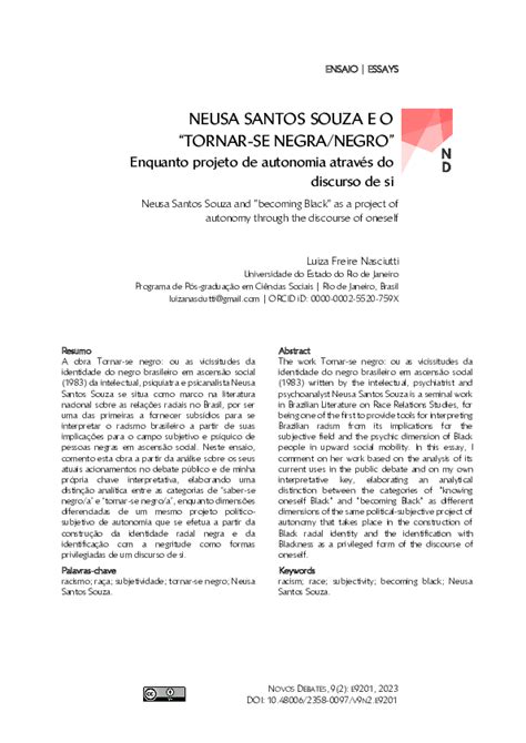 Tornar-se Negro Neusa Santos Pdf - (PDF) NEUSA SANTOS SOUZA E O "TORNAR-SE NEGRA/NEGRO" Enquanto projeto ...