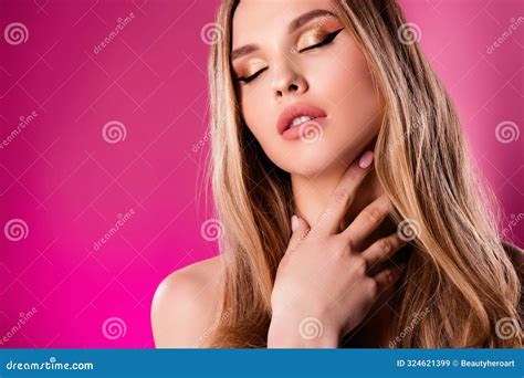 Photo Of Shiny Cute Girl Naked Shoulders Enjoy Beautiful Body Touch Neck Isolated Neon Pink