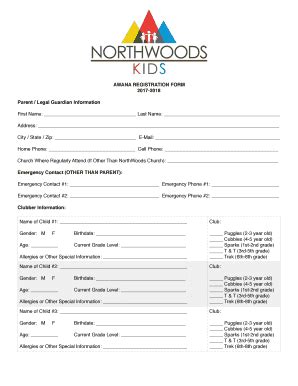 Fillable Online Awana Registration Form Spring 2016 NorthWoods Church