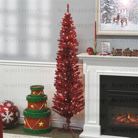 6ft Red Tinsel Tree With Clear Lights Christmas Tree With Etsy