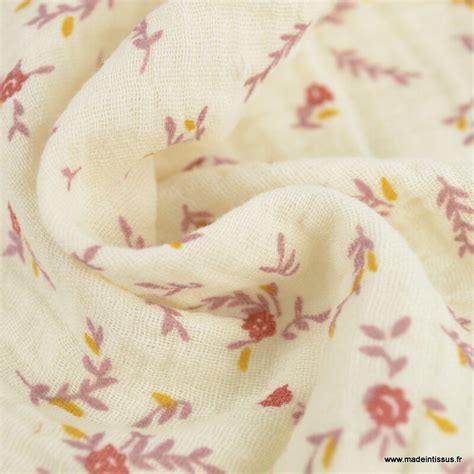 Tissu Double gaze Janet coton motif fleurs roses fond écru oeko tex