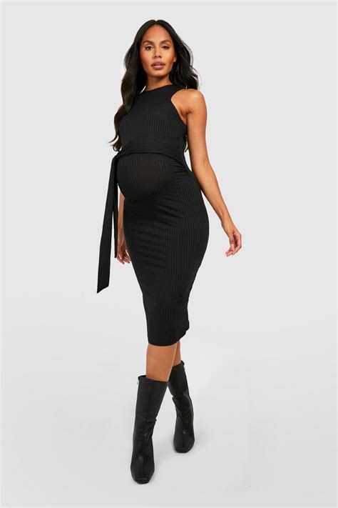 Maternity Rib Tie Waist Midi Dress Boohoo Uk