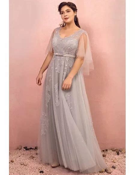 Custom Elegant Long Grey Flowy Tulle Prom Dress With Puffy Sleeves Plus