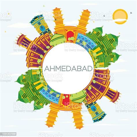 Ahmedabad India City Skyline With Color Buildings Blue Sky And Copy