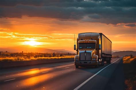 Premium Photo Semi Truck Driving On Highway At Sunset