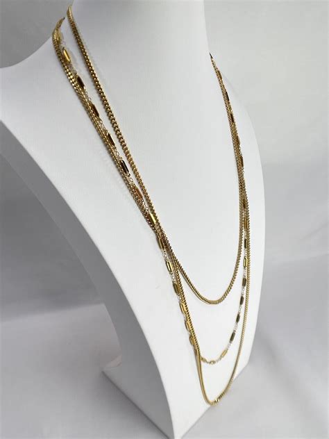 Vintage Monet Triple Strand Necklace Curb Chain Gold Gem