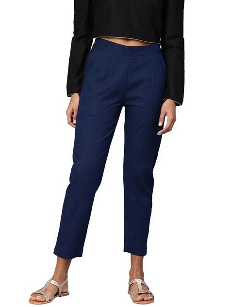 Women Navy Blue Straight Fit Solid Regular Trousers Long Trouser