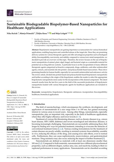 Pdf Sustainable Biodegradable Biopolymer Based Nanoparticles For Healthcare Applications