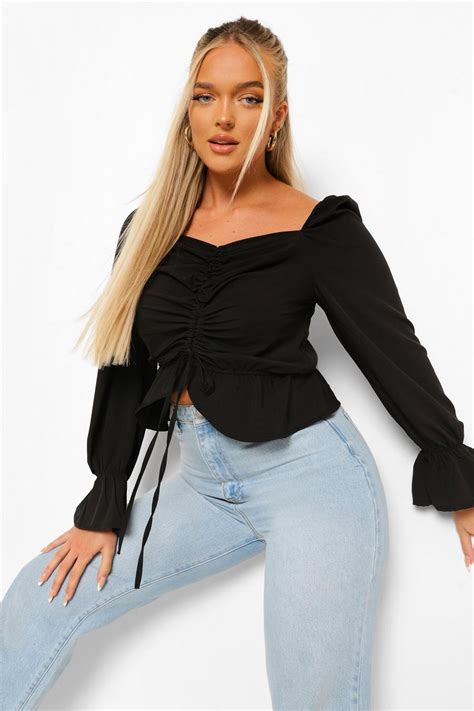 Ruched Front Pep Hem Blouse Boohoo