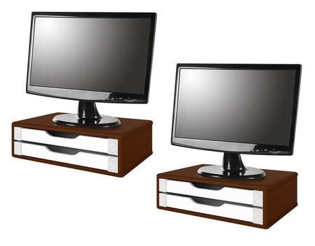 Conj 2 Suportes Para Monitor Em MDF Tabaco 2 Gavetas Brancas