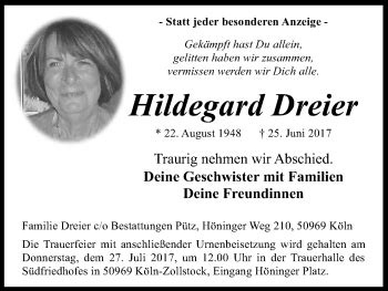 Traueranzeigen Von Hildegard Dreier WirTrauern