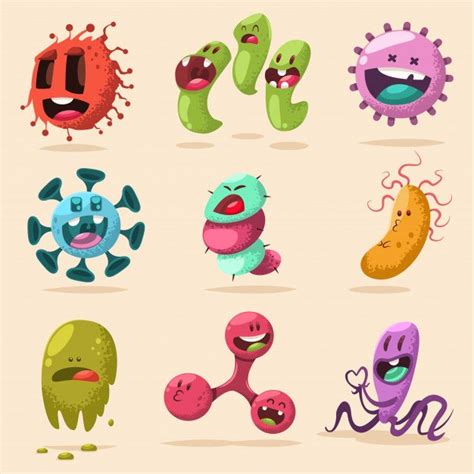 Premium Vector Cute Bacteria Virus Germ Cartoon Character Set Bacteria Cartoon Biology