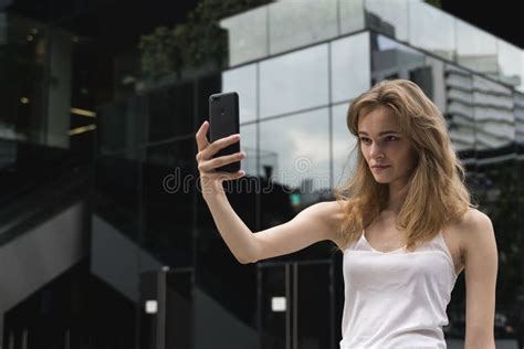 Business Woman Making Selfies In Front Of Office Building Smiling Lady