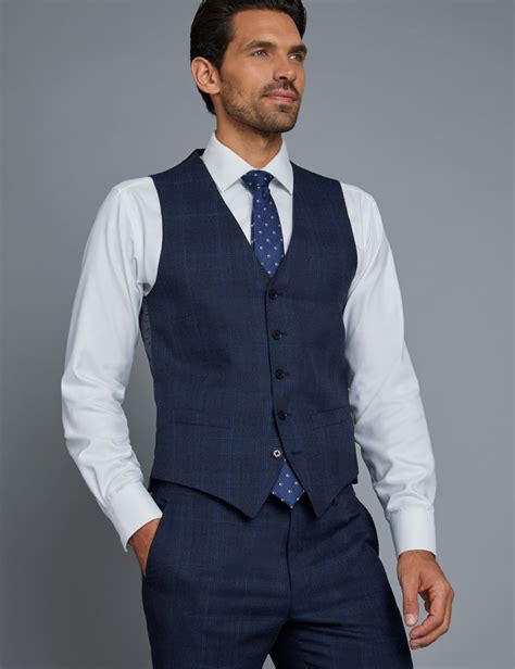 Mens Navy And Blue Windowpane Plaid Slim Fit Vest Hawes And Curtis