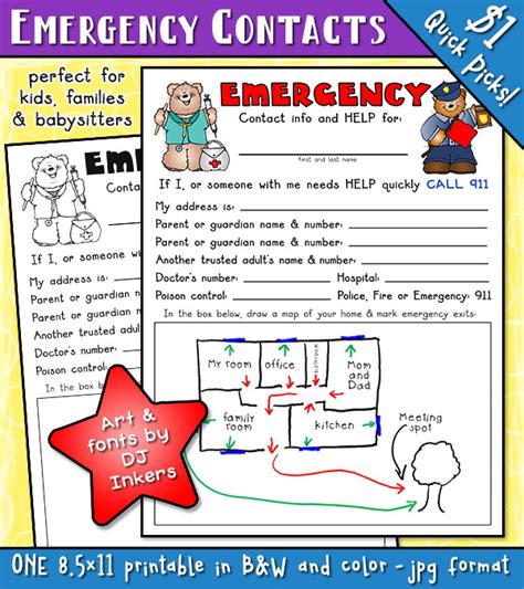 Kids printable emergency contact sheet and safety plan by DJ Inkers