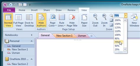 OneNote 2010 Schnelles Vergrößern Verkleinern des Notebook Bereichs