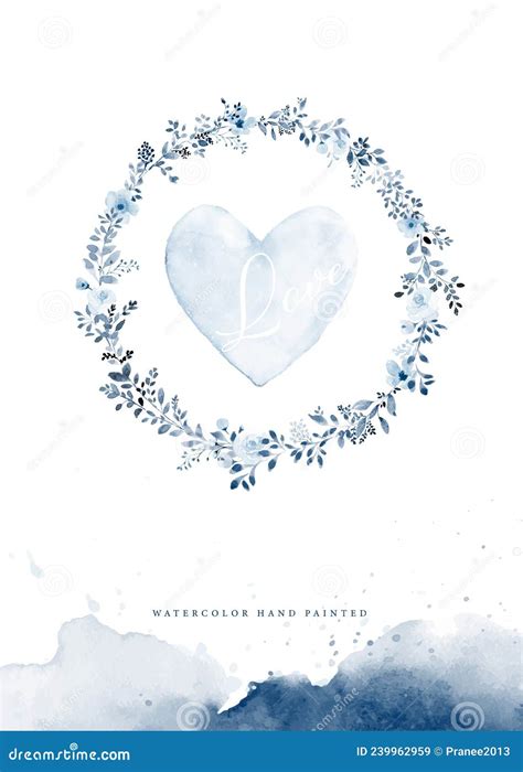 Watercolor Heart Shaped In Wreath Of Blue Flowers And Leaves Stock