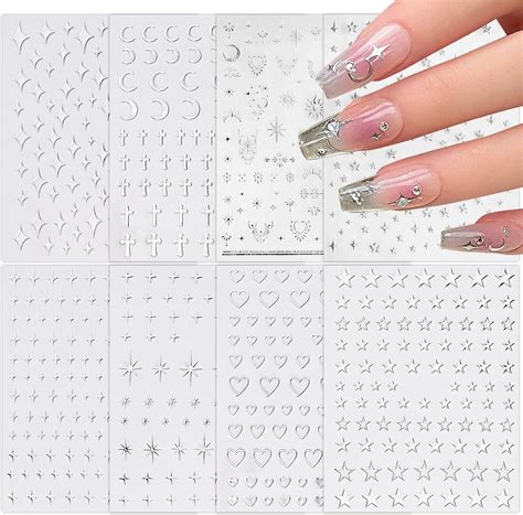 BETESSIN 8Blatt Nagelsticker Mond Sterne Nail Art Sticker Silber