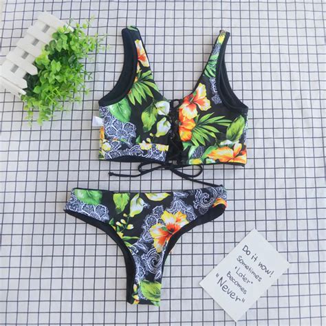 Women Thong Flora Front Tie Bikini Set Checked Plunging Neck Swimsuit