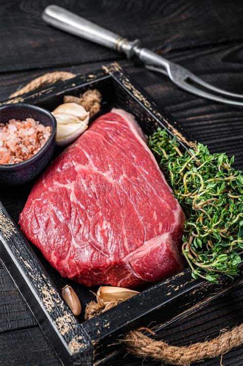 Raw Top Sirloin Cap Beef Cut Meat Steak Or Picanha In Wooden Tray With