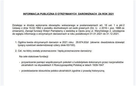 Informacja Publiczna O Otrzymanych Darowiznach Fundacja Wo Y Pami Tamy