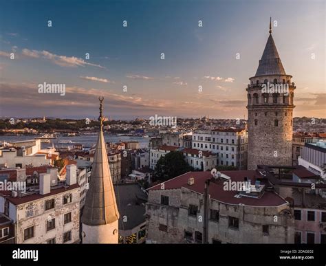 Aerial Evening Shot Of The Galata Tower In Istanbul Turkey Aerial