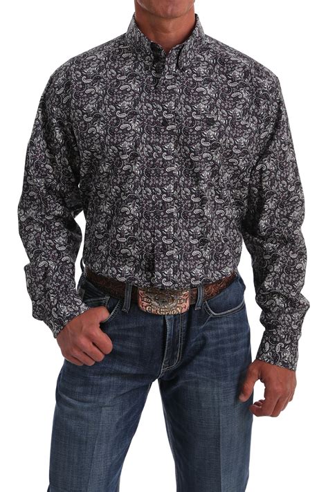 Cinch Jeans Mens Purple Green And Coral Floral Paisley Print Button