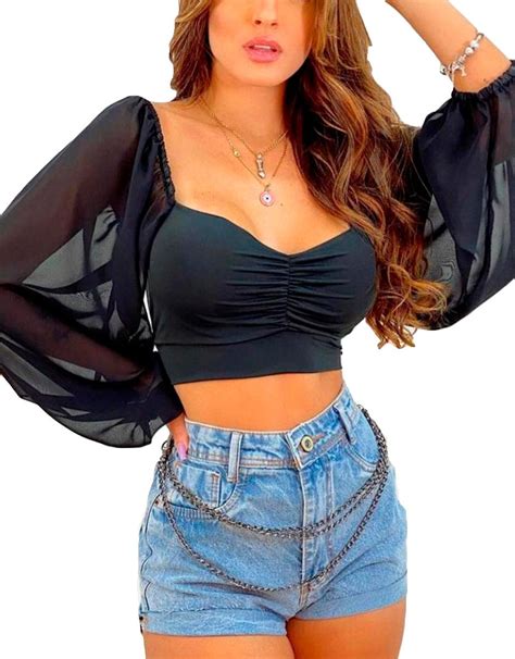 Cropped Blusinha Manga Comprida Bufante Tule Promoção Mercado Livre