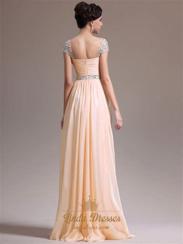 Grey Chiffon A Line V Neck Cap Sleeve Prom Dress With Illusion Lace