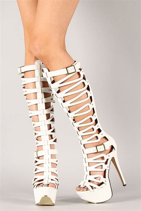 Fahrenheit Lady 01 Caged Gladiator Knee High Stiletto Platform Heel In