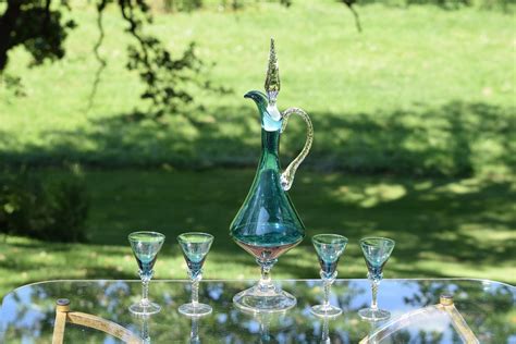 Vintage Turquoise Glass Wine Decanter With 4 Matching Glasses Bar Cart Decor Vintage Elegant