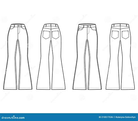 Set Of Jeans Flared Bottom Denim Pants Technical Fashion Illustration With Full Length Normal