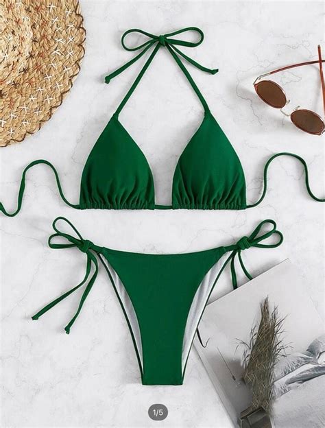 Shein Dark Green Triangle Bikini Women S Fashion Swimwear Bikinis Swimsuits On Carousell