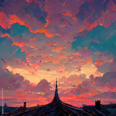 Roofs Visible at Sunset - Colorful Drawing Anime Style - Digital Art, Concept Art, 3D Render ...