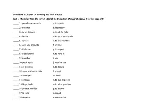 Realidades 2 Chapter 1a Matching And Fill In Practice Teaching Resources