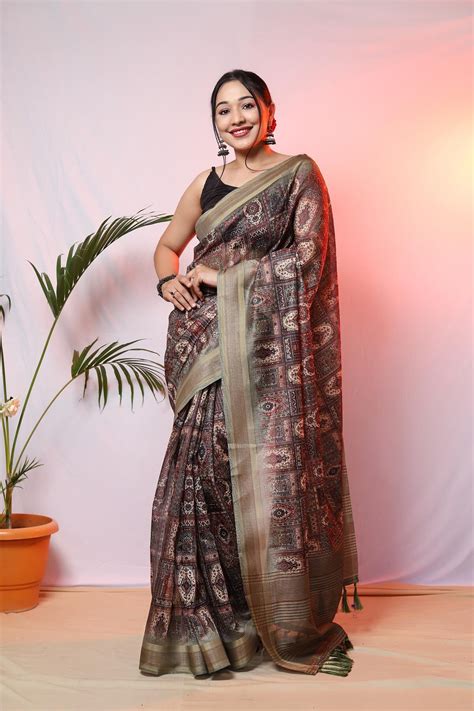 Buy Online Ajrakh Printed Chanderi Sarees With Zari Woven Border