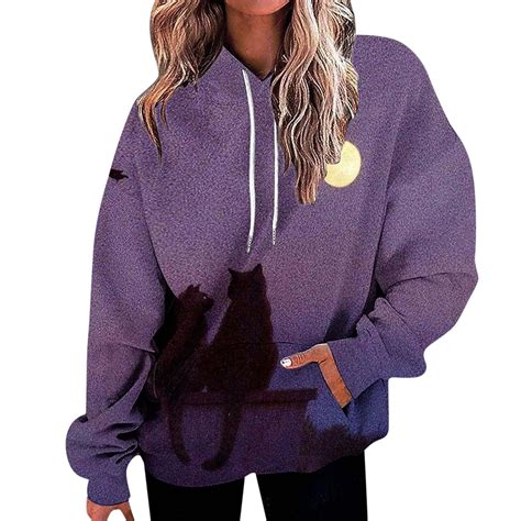 CLZOUD Womens Hoodies Trendy Hoodie Black Cat Printing Pullover Drawstring Hooded Long Sleeve ...