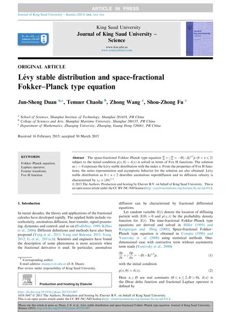 Pdf L Vy Stable Distribution And Spacefractional Fokkerplanck Type