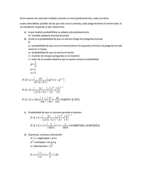 Estadistica ejercicios 6 a 10 Un examen de selección múltiple