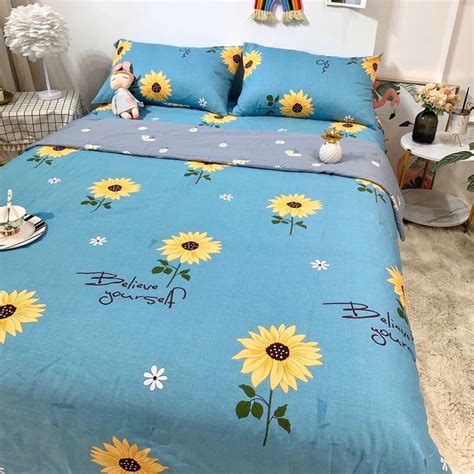 Set chăn ga gối Cotton Living họa tiết hoa hướng dương chăn trần