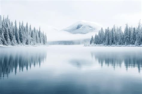 Foggy winter landscape with snow covered mountains and lake in Alaska | Premium AI-generated image