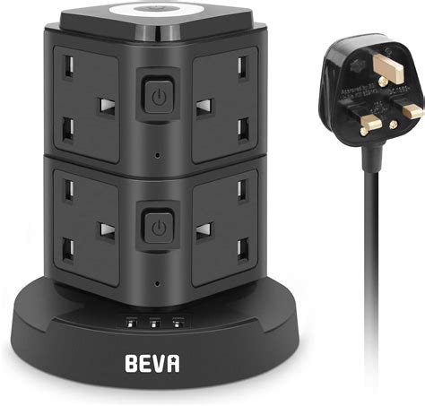 Tower Extension Lead 3m Beva 8 Way Multi Plug Extension With 3 Usb