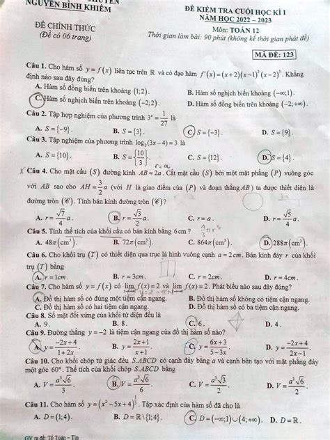 Đề thi cuối học kì 1 môn Toán lớp 10 11 và 12 Trường Chuyên Nguyễn