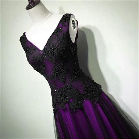 Black And Purple V-neckline A-line Prom Dress Tulle With Lace Party ...